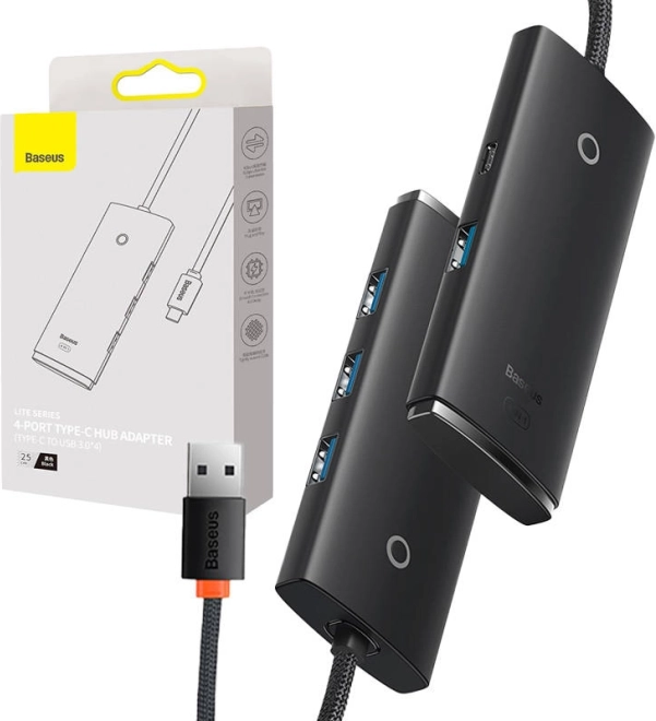 USB-C adapter Baseus OS-Lite 4 USB porttal, 25 cm, fekete