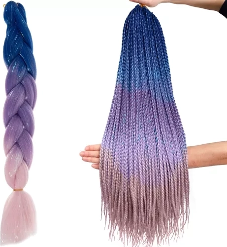 Szimulált ombre fonatok csillogó tincsekkel, kék–lila–rózsaszín, 60 cm