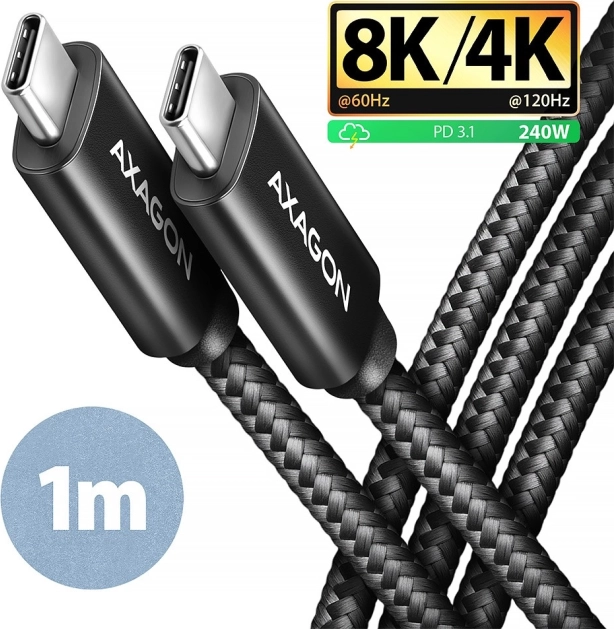 AXAGON USB‑C – USB‑C kábel USB4 40 Gb/s, PD 240 W, 8K, 1 m, alumínium, fonott, fekete