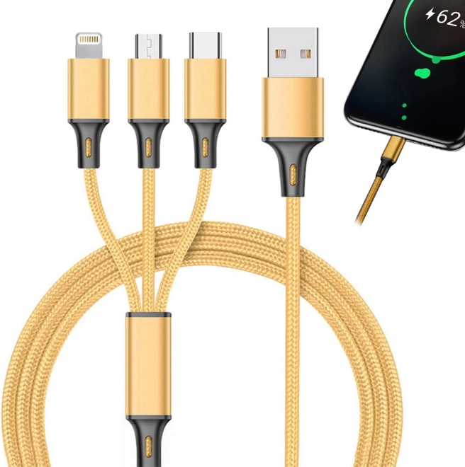 3in1 usb kábel telefonhoz villám kábel iphone micro usb type-c 1.2 m – Sárga