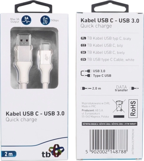 Fehér USB 3.0 - USB C kábel 2m PRÉMIUM 3A TPE