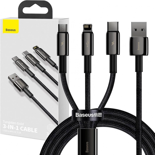 Baseus Tungsten Gold 3 az 1-ben töltő- és adatkábel USB-ről Lightning / USB‑C / micro USB-re, 3,5 A, 1,5 m (fekete)