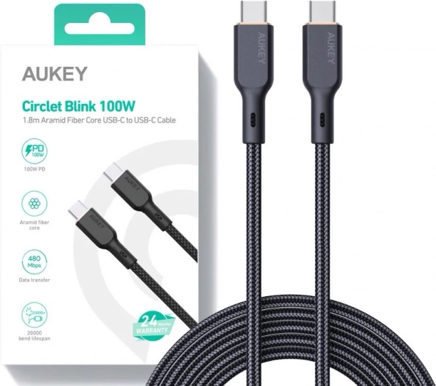 Fekete USB-C - USB-C 1,8 m kábel 100W teljesítménnyel Aukey-tól
