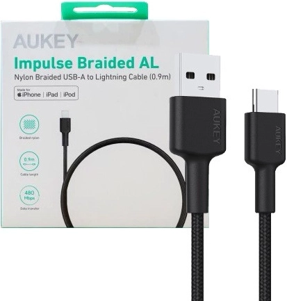 AUKEY USB-C – USB-A kábel 0,9 m, 60 W PD, nejlonnal font, fekete