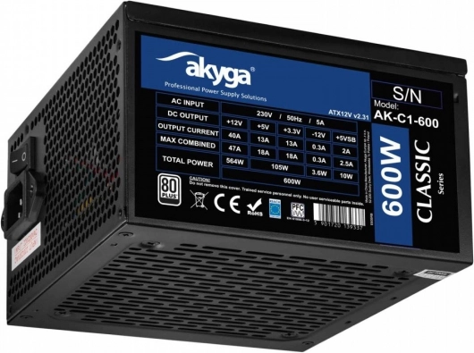 Akyga AK-C1-600 ATX 600 W Classic tápegység 80 PLUS minősítéssel