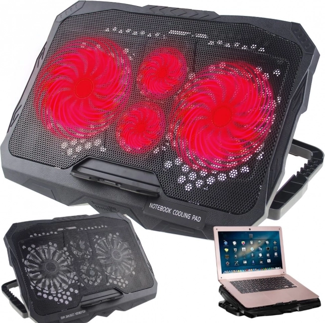 LED-es notebook hűtőpad, 4 ventilátorral és USB elosztóval, állítható dőlésszög (10–17")
