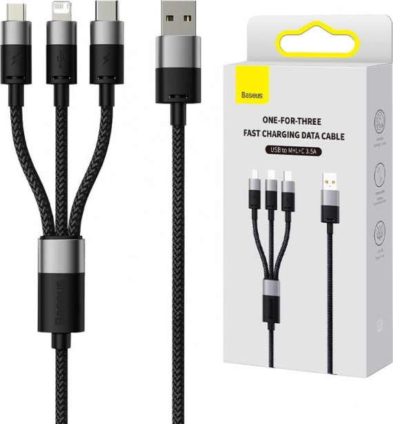 Baseus StarSpeed 3 az 1-ben töltő- és adatkábel, USB‑C / micro USB / Lightning, 3,5 A, 1,2 m, fekete