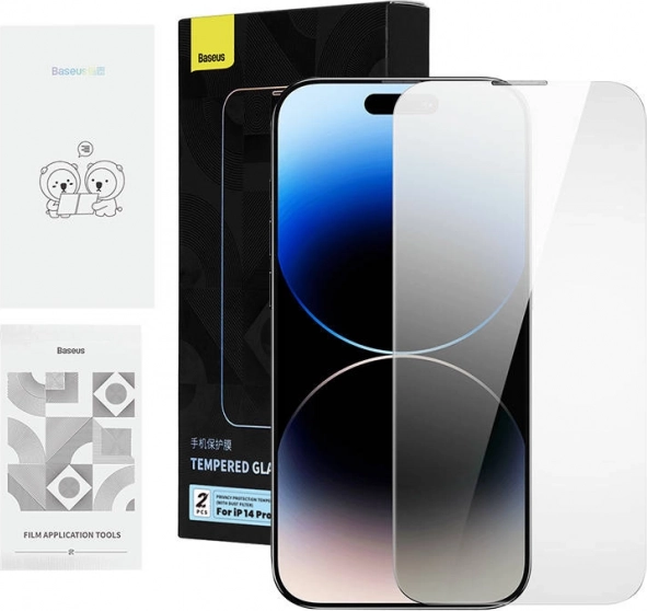 BASEUS privát edzett üveg iPhone 14 Pro Max készülékhez, 2 db telepítő- és tisztítókészlettel