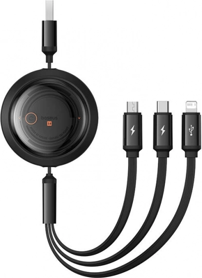 Visszahúzható 3 az 1-ben töltőkábel BASEUS Free2Draw, USB-A USB-C + Micro USB + Lightning, 3,5 A, 1,1 m, fekete