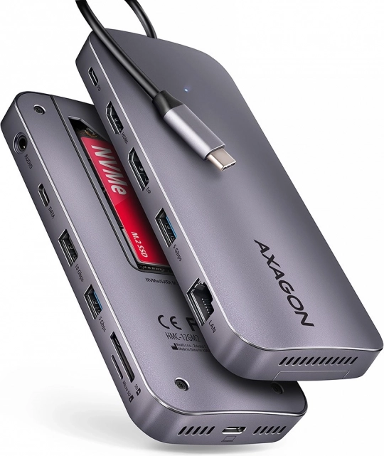 Axagon HMC-12GM2 USB‑C hub 12 az 1-ben M.2 NVMe/SATA-val, 10 Gb/s, HDMI/DP 4K 60 Hz, GLAN, SD/microSD, audio, PD 100 W