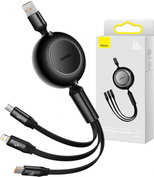 Baseus Bright Mirror 3 USB kábel 3 az 1-ben micro USB‑hez, USB‑C‑hez és Lightninghez 66W 1,1 m – fekete