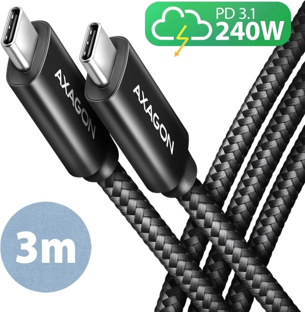 USB‑C kábel 3 m 240 W PD nejlonfonattal AXAGON