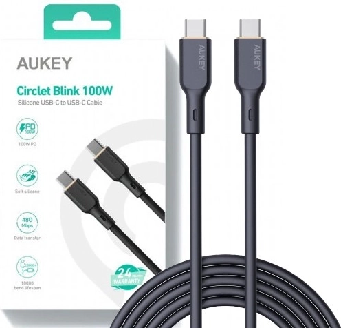 Aukey USB‑C kábel 1 m, szilikon, 100 W Power Delivery, 5 A, fekete