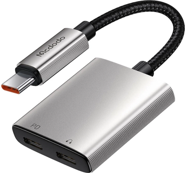 MCDODO 2 az 1-ben audió adapter USB‑C-ről 2× USB‑C-re PD 60 W töltéssel