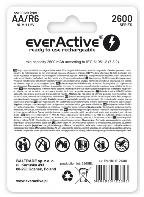 EverActive újratölthető AA akkumulátorok - 2600 mAh