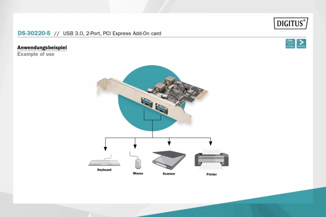 Digitus PCIe USB 3.0 vezérlő, 2 USB 3.0 csatlakozó, alacsony profil