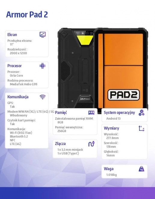 Armor Pad 2 tablet 11 hüvelykes, 8/256GB, fekete