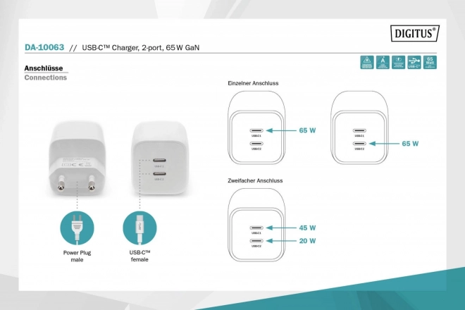 Fehér GaN dupla USB-C PD 3.0 töltő, max. 65W