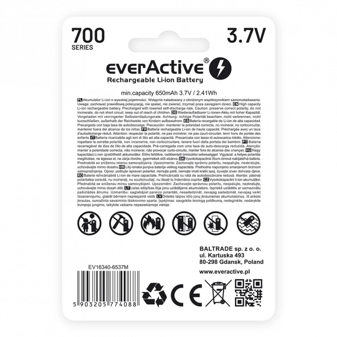 EverActive 16340 lítium-ion akkumulátor 700 mAh micro USB-vel