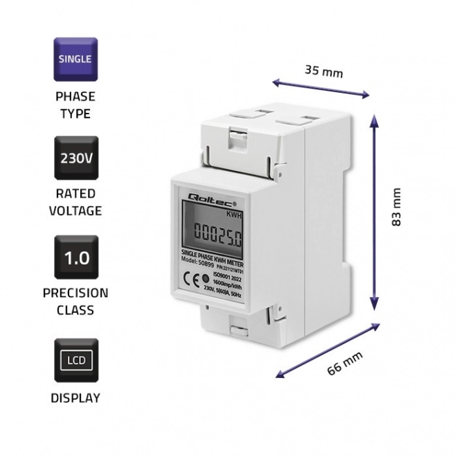 Jednofázisú elektronikus fogyasztásmérő DIN sínre, 230V LCD kijelzővel