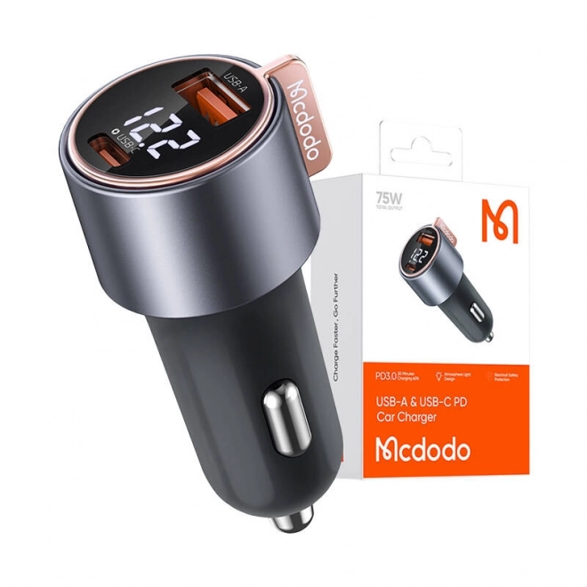 Mcdodo 75W digitális kijelzős autós töltő USB-A és USB-C porttal