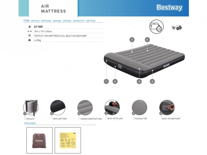 Bestway Duweszélyes Dmuchany Materac Tritech USB Pumpával