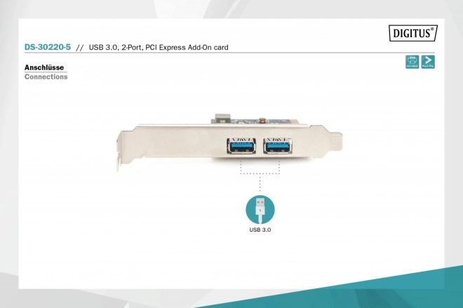 Digitus PCIe USB 3.0 vezérlő, 2 USB 3.0 csatlakozó, alacsony profil