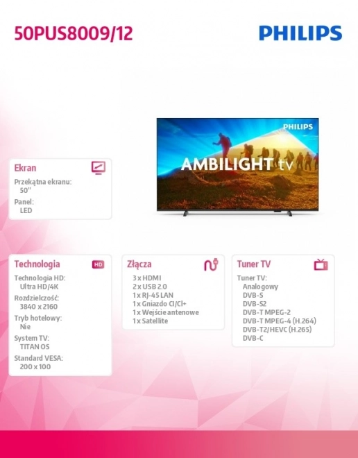 50 hüvelykes LED televízió 50PUS8009/12