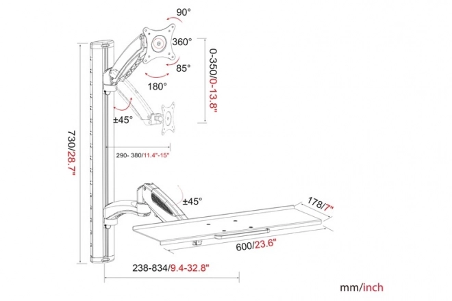 Fali monitorkar egyszemélyes LCD és billentyűzethez, maximum 27", 8kg, 360°-os forgatható