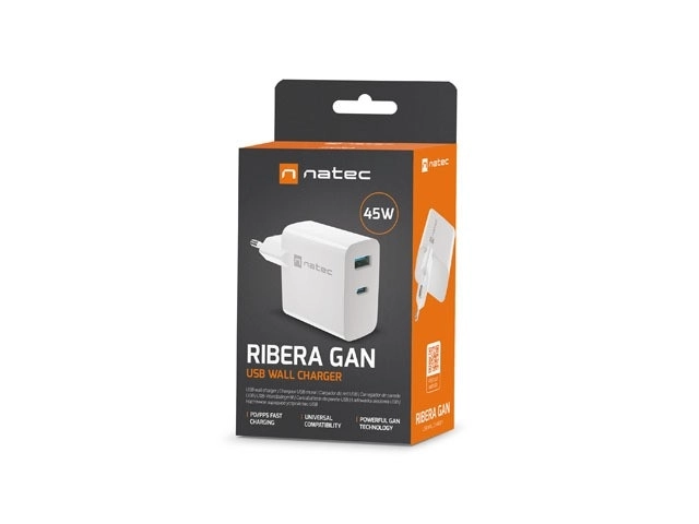 Gyors töltő Natec Ribera GAN 1x USB-A + 1x USB-C 45W Fehér