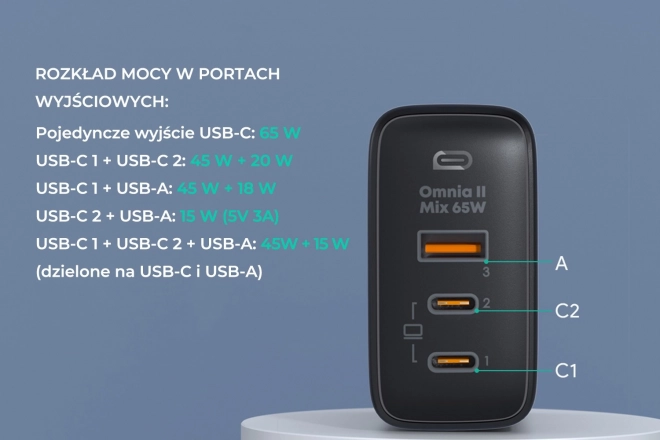 Aukey Omnia II fekete GaN töltő 65W 3xUSB-C/A