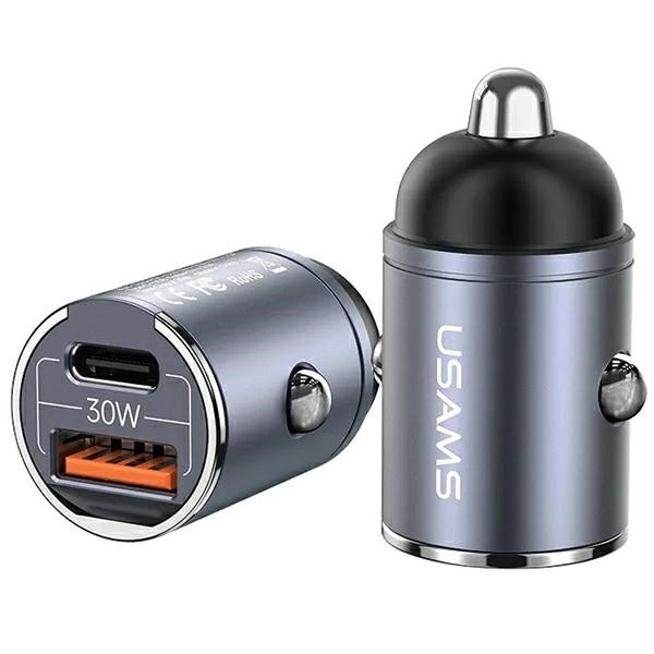 Autós töltő 30W 1xUSB+1xUSB-C gyors töltés acél
