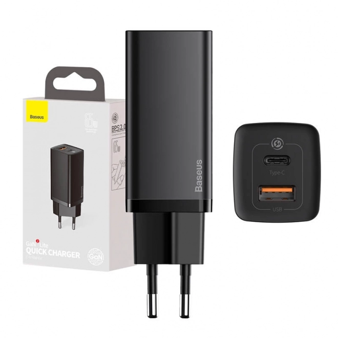 Gyors utazási töltő Baseus GaN2 Lite USB C 65W fekete