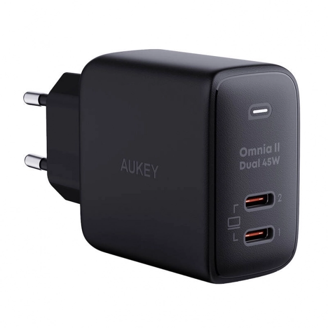 Aukey fali töltő, 2x USB-C, 45W, fekete