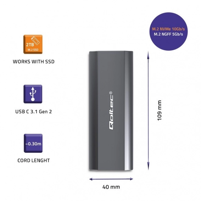 Qoltec hordozható M.2 SSD külső ház - akár 2TB, USB-C, SATA és NVMe támogatás