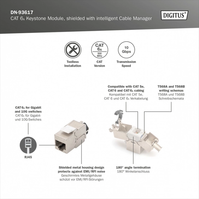 Digitus eszközmentes RJ45 Keystone modul CAT 6A, árnyékolt