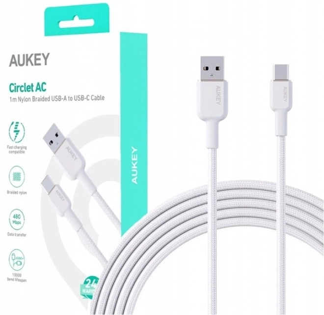 Aukey gyors töltő és adatkábel USB-A-ról USB-C-re, 1 m, fehér