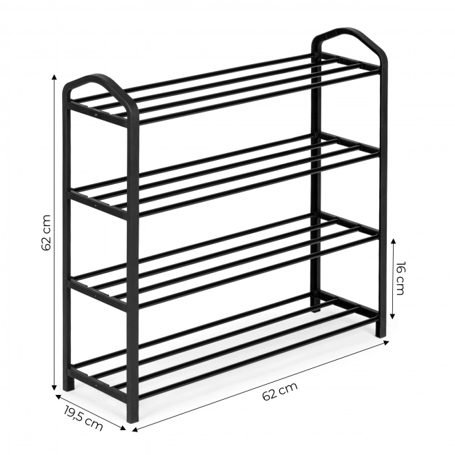 Fém cipőtartó, 4 polc, 12 pár cipő, fekete