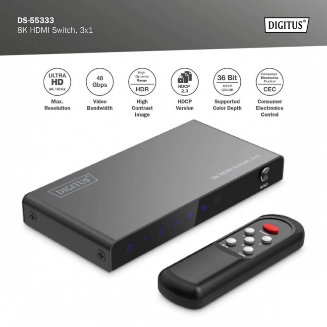 Hdmi kapcsoló 8K 3x1, távirányítóval, fekete