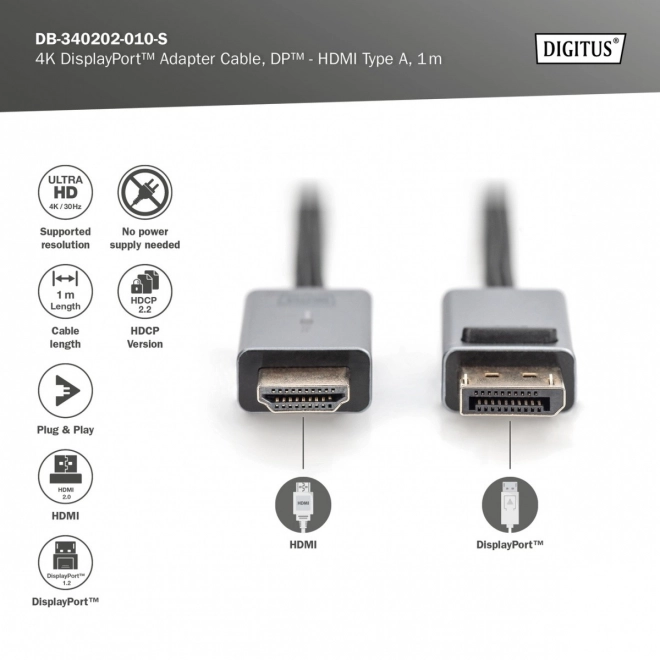 DisplayPort - HDMI 4K 30Hz adapter kábel 1 m