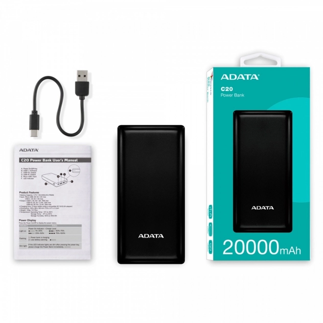 C20 20000mAh fekete powerbank USB-C csatlakozóval