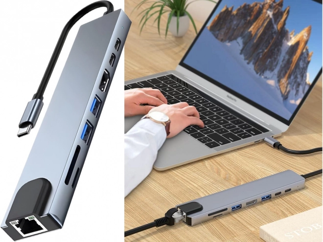Multifunkcionális USB-C Hub Adapter 8 az 1-ben HDMI-vel és Ethernettel