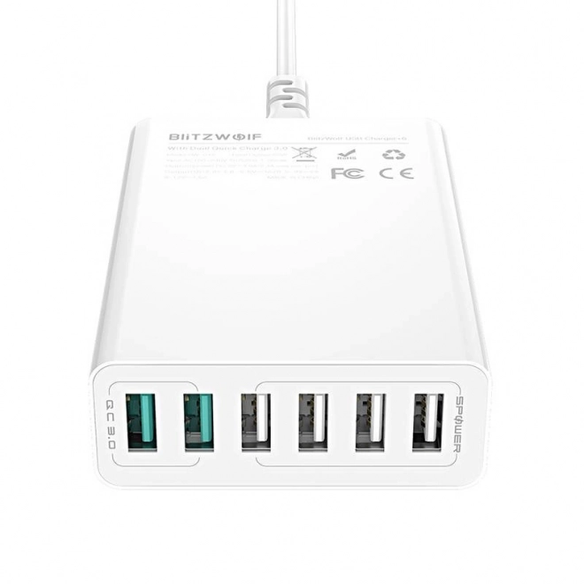 USB töltő 6 porttal BlitzWolf QC 3.0, 60W fehér