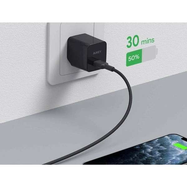 Aukey nylon Lightning-USB C kábel fekete 1,2m Apple MFi tanúsítvánnyal