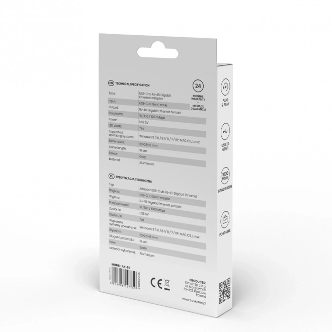Adapter USB-C 3.1 Gen 1 RJ-45 Gigabit Ethernethez