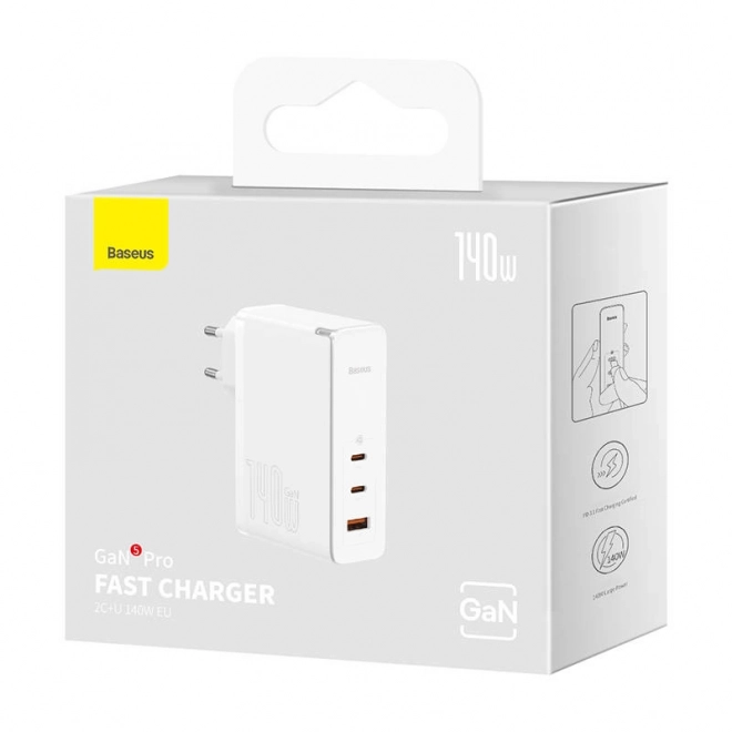 Fali töltő Fehér 140W Baseus GaN5 Pro 2xUSB-C + USB