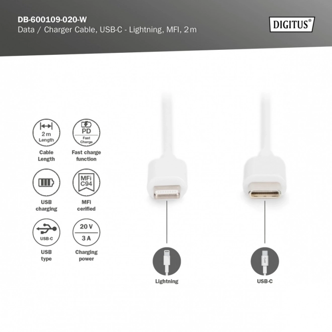 Digitus USB-C/Lightning adatátviteli és töltőkábel - fehér, 2m