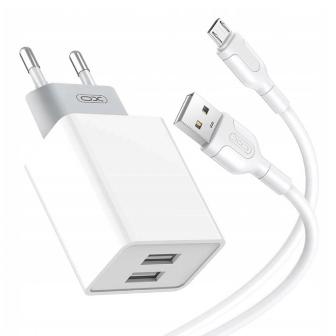 Fali töltő XO 12W mikro USB kábellel, 2xUSB, fehér