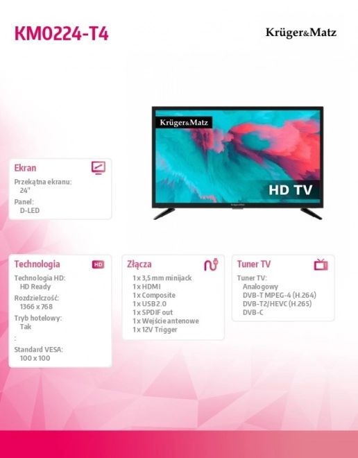 24 hüvelykes HD televízió DVB-T2 H.265 HEVC