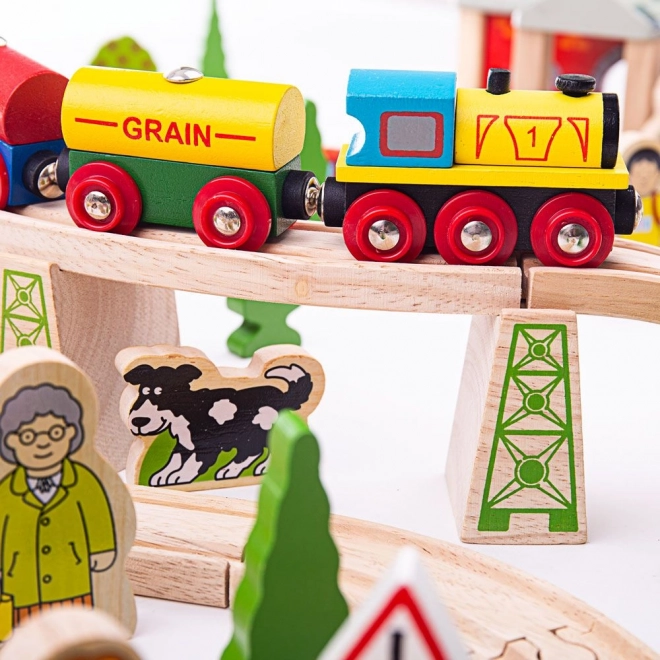 Bigjigs Rail Fa Vasútkészlet hegyi úttal 112 darabból